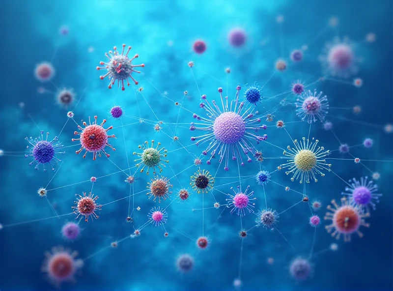 Illustration of various viruses and AI neural network connections, symbolizing the use of artificial intelligence to identify and analyze viruses.