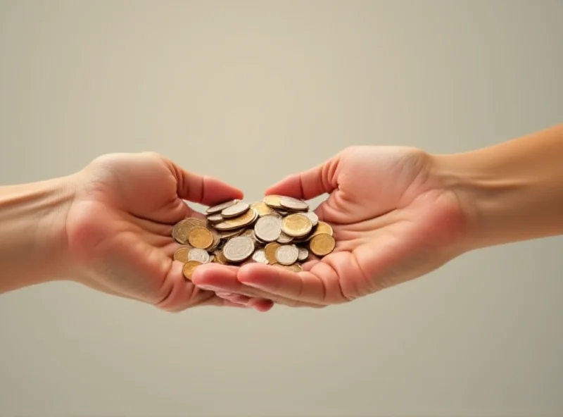 Two hands reaching out to each other, one offering a small pile of coins, symbolizing generosity and donation.