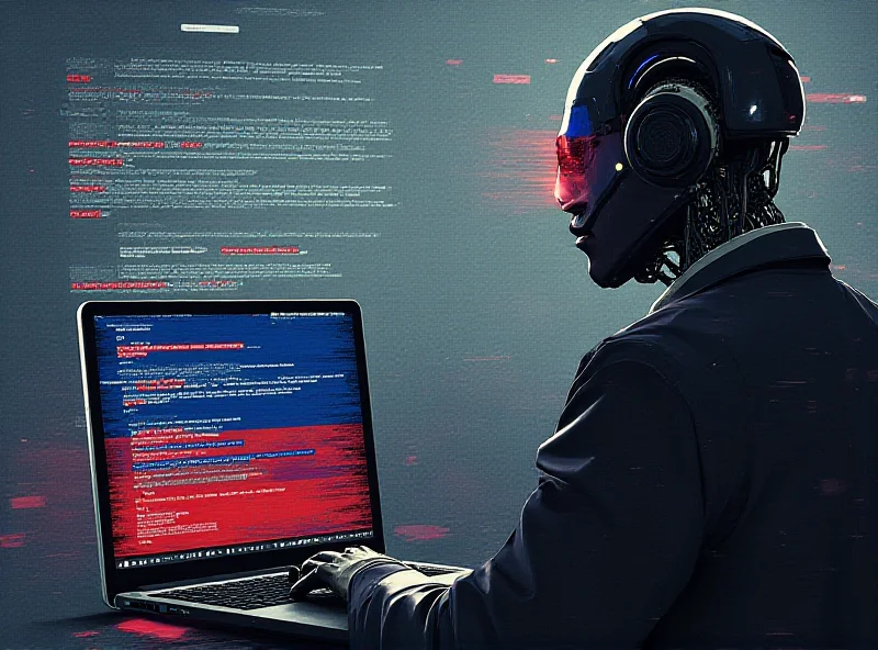 Illustration of a chatbot interface with distorted text and Russian flags in the background.
