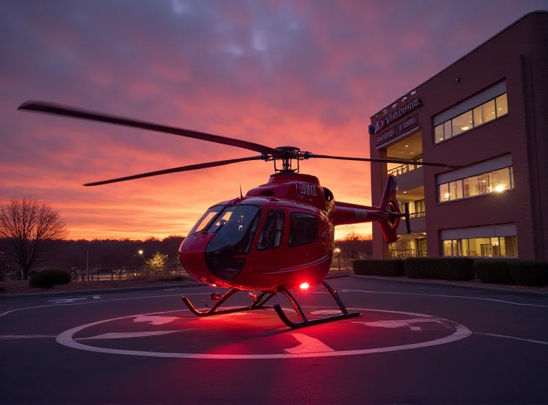Helicopter landing at a hospital helipad at dusk.