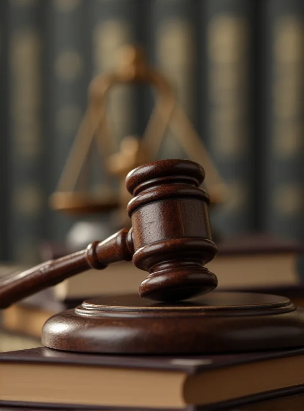 Gavel resting on a law book in a courtroom.