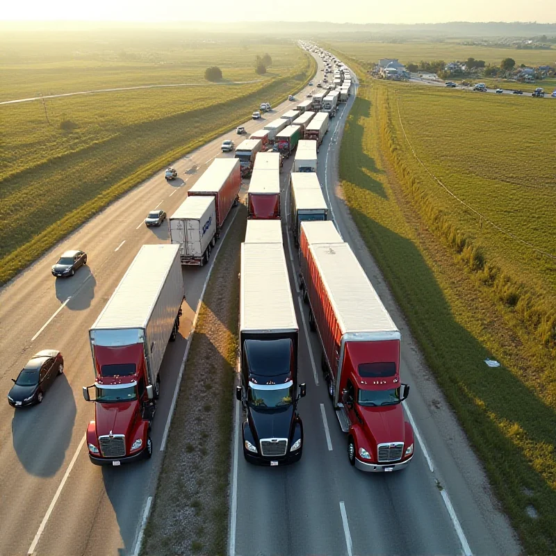 Aerial view of a truck stop along a highway, with trucks parked in designated spaces and a small diner visible.