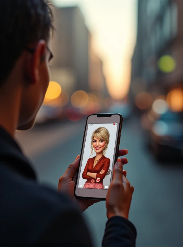 A person interacting with a personified AI chatbot on their smartphone, depicted as a friendly and helpful avatar. The background is a blurred cityscape.