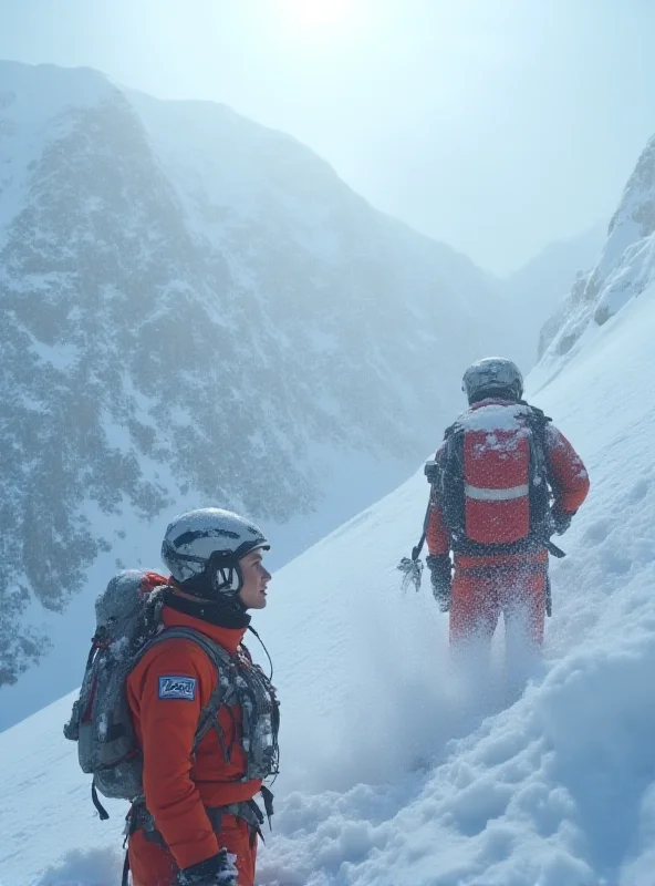 Search and rescue team member with avalanche gear looking at a vast snow-covered mountain.