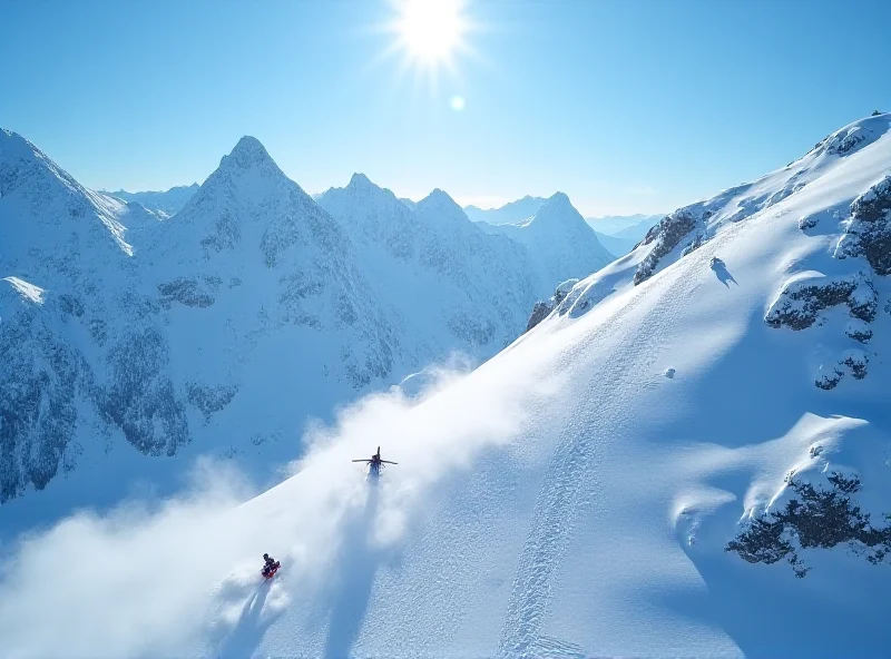 A helicopter flying over a snow-covered mountain range, with skiers visible on a remote slope.