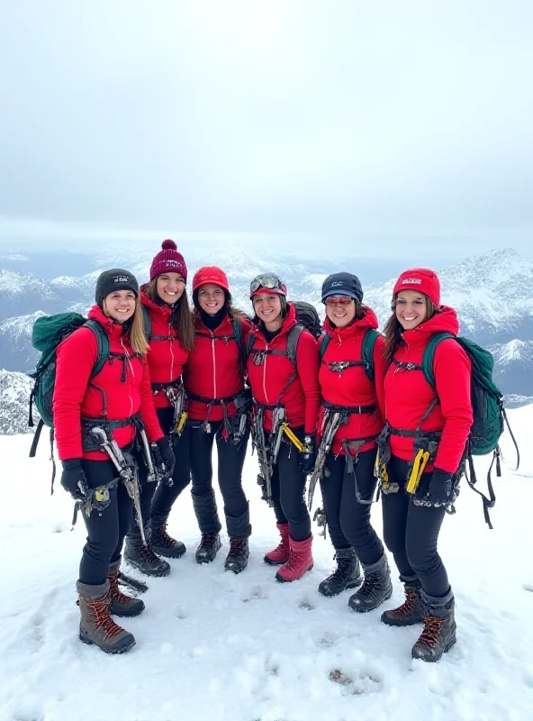 A group of female climbers on a snowy mountain peak, smiling and holding ice axes.