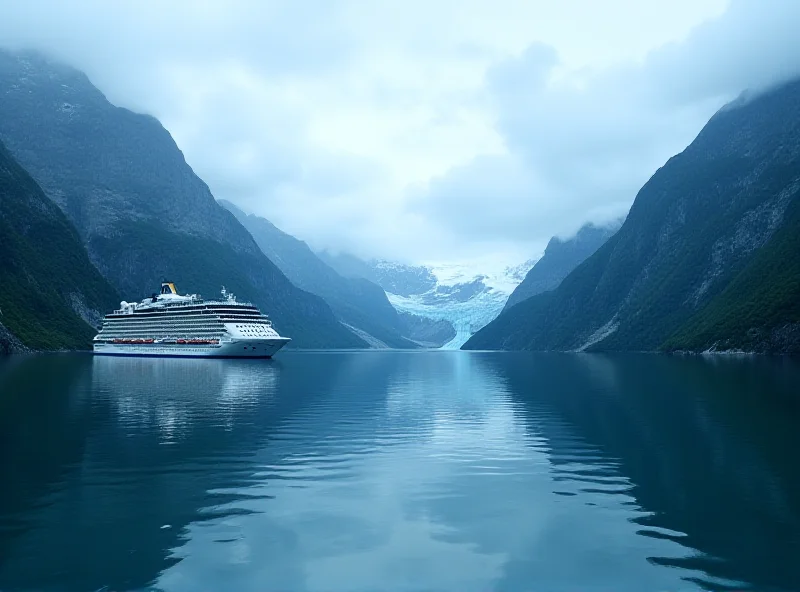 A cruise ship sailing through a fjord in Alaska, with glaciers and mountains in the background.
