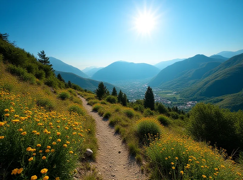 Scenic hiking trail in the Albanian mountains with wildflowers and a distant village.