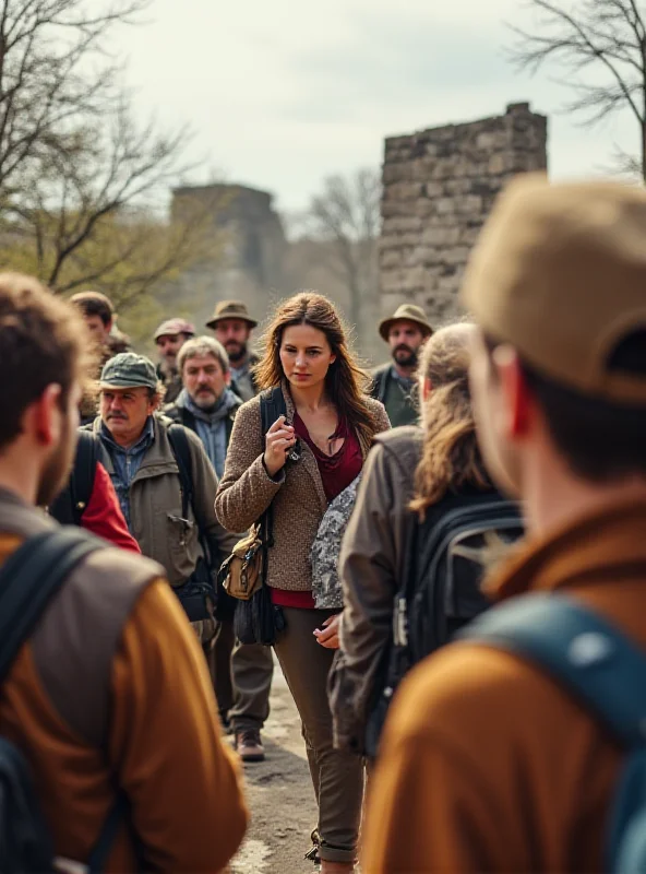 A group of German tourists exploring a historical site in a foreign country, with some locals looking on with mixed expressions.