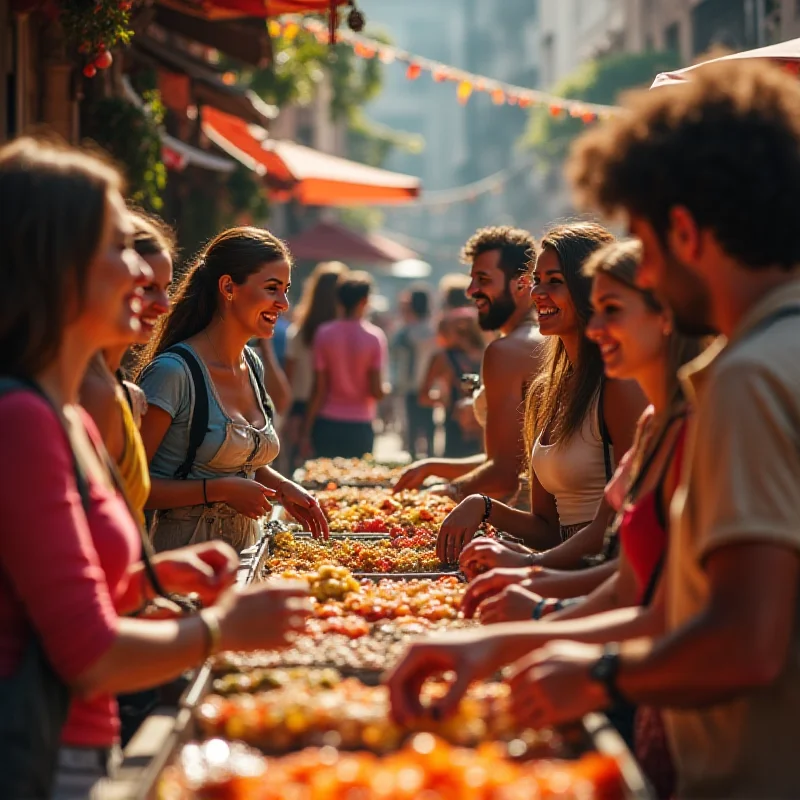 A diverse group of tourists smiling and interacting with local vendors at a market in a foreign country, showcasing positive cultural exchange.