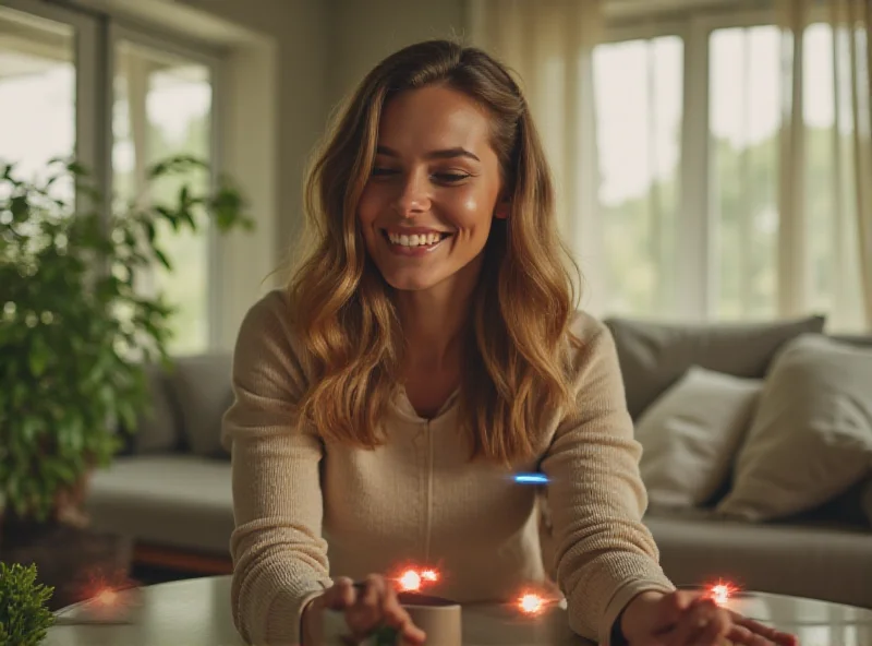 A person smiling and interacting with an Alexa device in a modern living room.