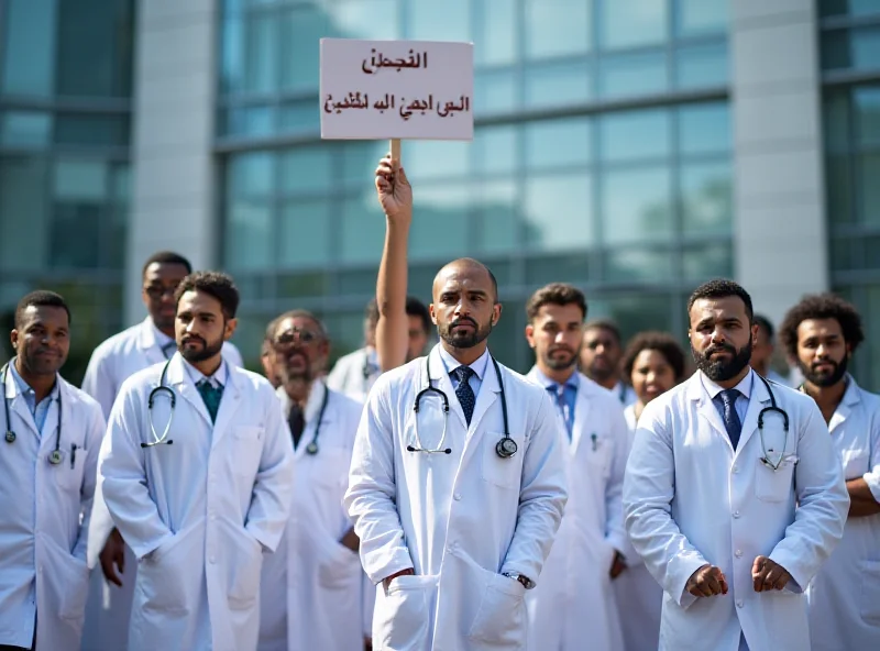 A group of doctors protesting with signs in front of a hospital