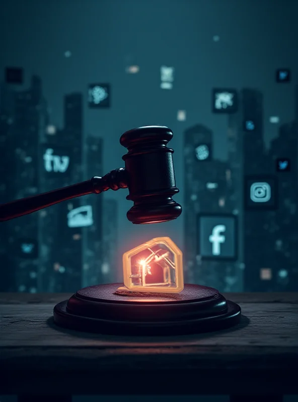 A digital illustration of a gavel striking down on a social media icon