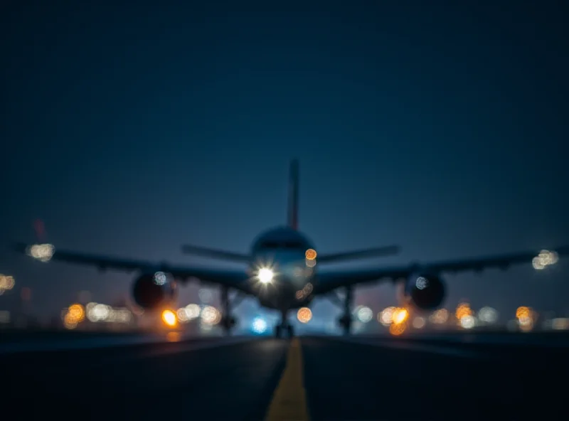 An airplane taking off at night with the French and Algerian flags faintly visible in the background