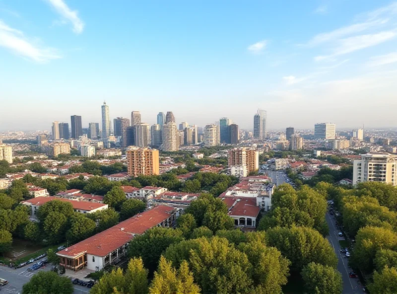 A cityscape of Ganja, Azerbaijan, showing modern buildings and historical landmarks under a bright sky.