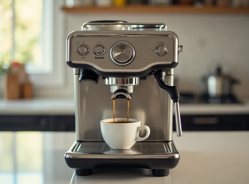 A stainless steel Breville Barista Express espresso machine on a kitchen counter, with a cup of espresso being brewed.