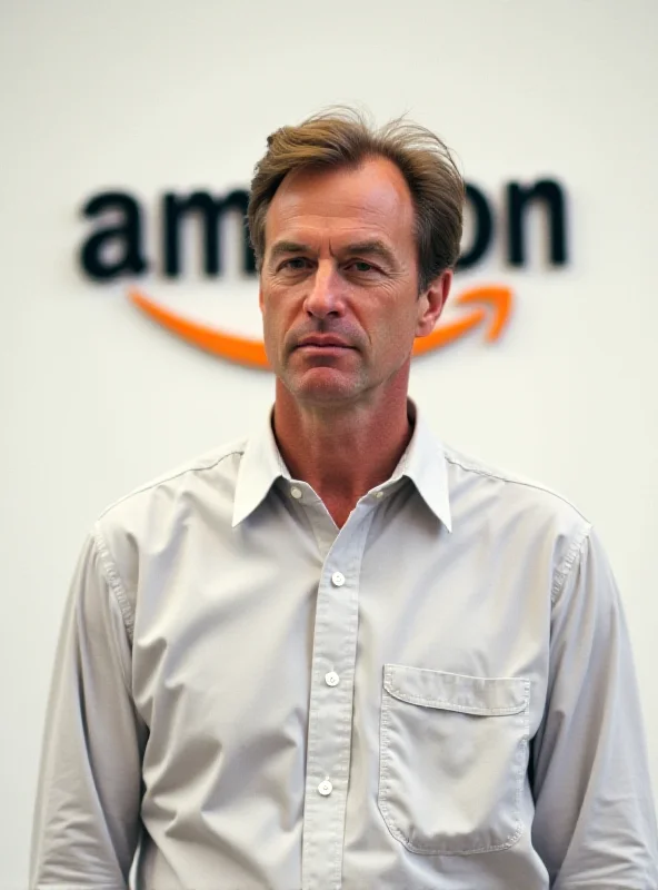 A younger Jeff Bezos standing in front of an Amazon logo, looking determined and focused.