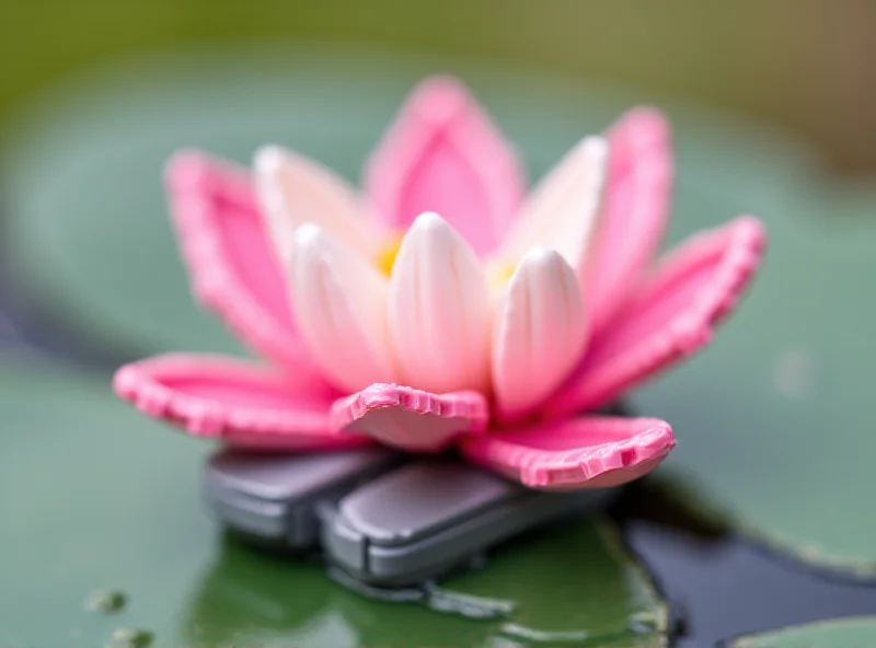 Close-up shot of a completed LEGO Lotus flower set, showcasing its intricate details and vibrant colors.