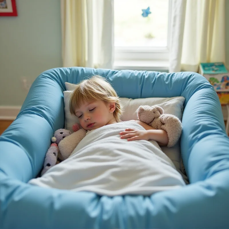 A young child sleeping peacefully on a Regalo My Cot Portable Toddler Bed, set up in a brightly lit room, with a stuffed animal nearby.
