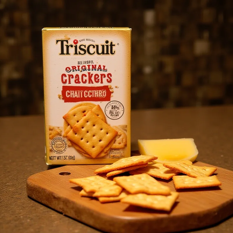A box of Triscuit Original Crackers Family Size, with several crackers arranged on a wooden cutting board next to a piece of cheese.