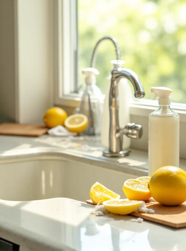 A sparkling clean kitchen sink with a garbage disposal, surrounded by cleaning supplies and fresh lemons, suggesting a clean and fresh-smelling environment.