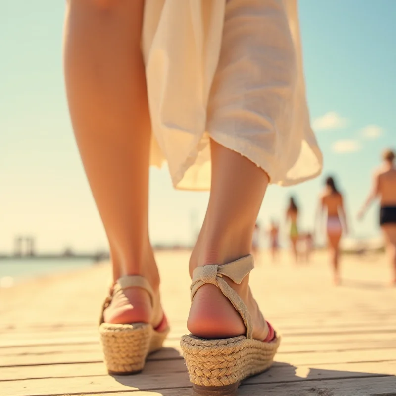 A woman's feet wearing stylish platform espadrille wedge sandals while walking on a sunny boardwalk, showcasing the shoe's comfort and style.