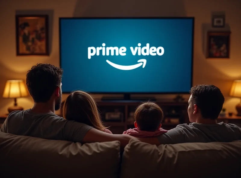 Image of a family sitting on a couch watching television, with the Amazon Prime logo visible on the screen.