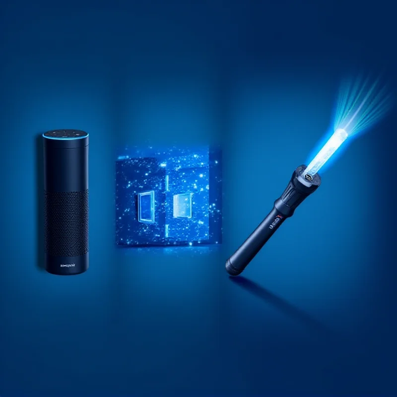 A montage of various Amazon products, including an Echo device, a quantum computing chip graphic, and an LED flashlight, against a blue background.