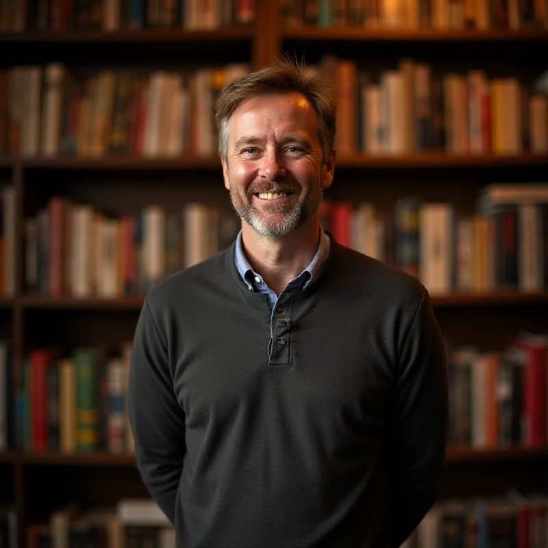 Andy Hunter, CEO of Bookshop, standing in front of a bookshelf filled with books, smiling confidently.
