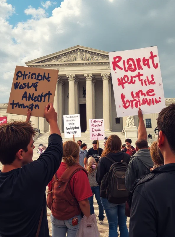 A protest with signs advocating for and against abortion rights, with a courthouse visible in the background.