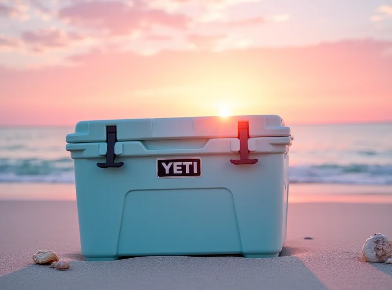 A YETI cooler sitting on a beach with a sunset in the background.