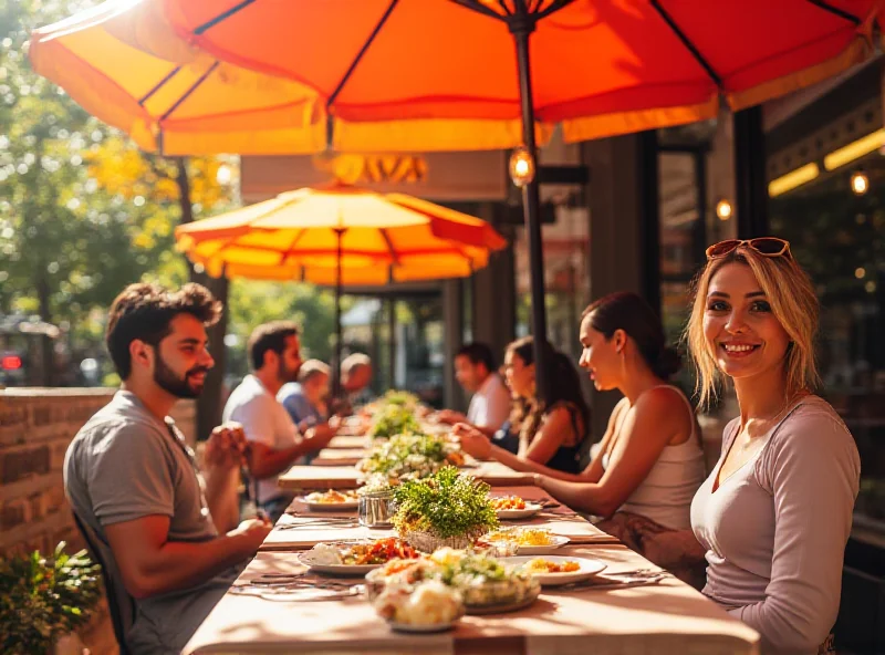 Close-up shot of a CAVA restaurant exterior with people dining outside, bathed in warm sunlight.
