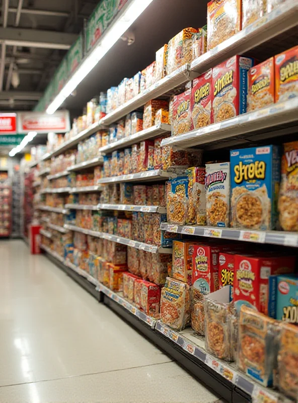 A shelf filled with various Kellogg's cereal boxes in a grocery store aisle.