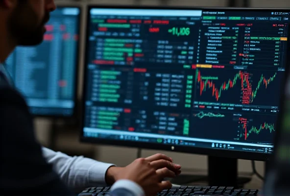 A person sitting at a desk, reviewing stock charts and financial data on a computer screen.