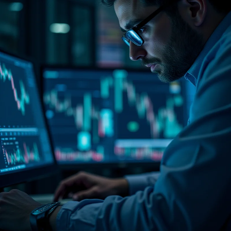 Close-up of a financial analyst reviewing stock data on a computer screen.