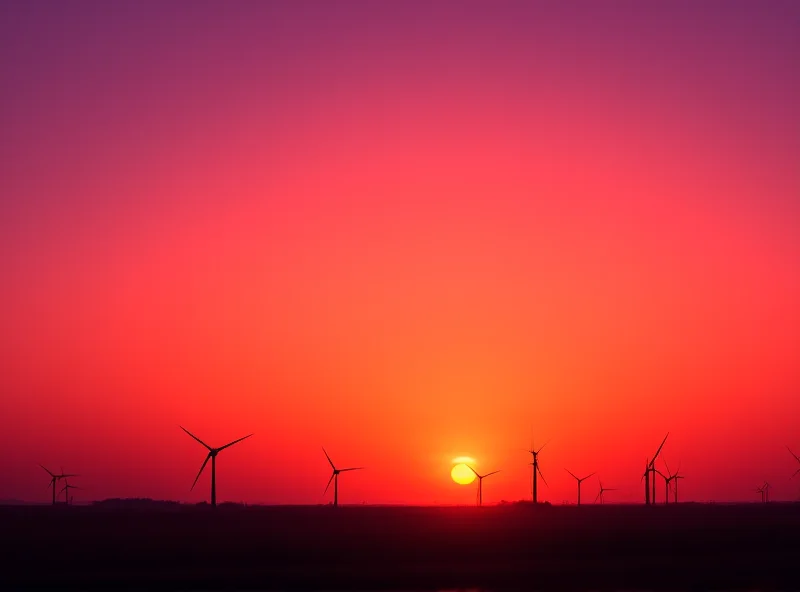 A wind turbine farm at sunset with vibrant colors in the sky, symbolizing renewable energy and sustainability.