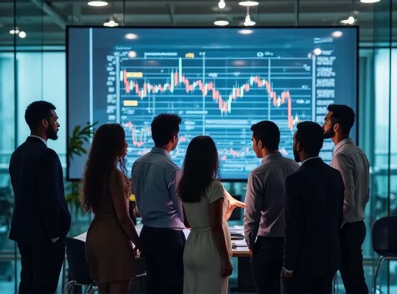 Diverse group of business people in a modern office discussing stock market trends on a large screen