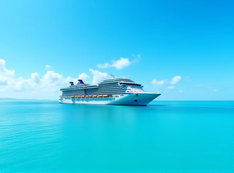A luxury cruise ship sailing on calm turquoise waters under a sunny sky. The ship is large and modern, with multiple decks and prominent branding.