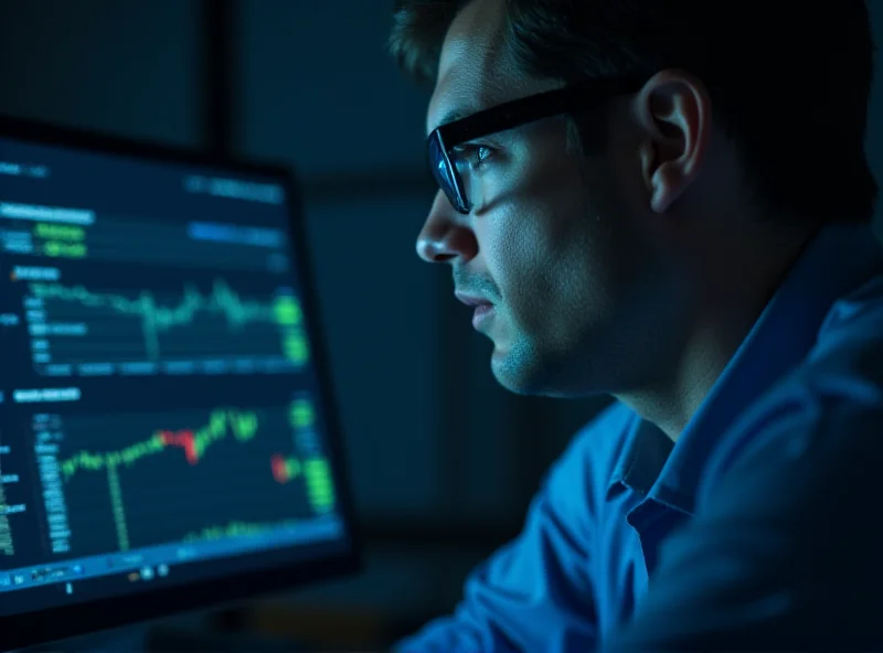 Close up of a financial analyst working on a computer, reviewing data and charts. The analyst is wearing glasses and has a focused expression. The screen displays complex financial information.