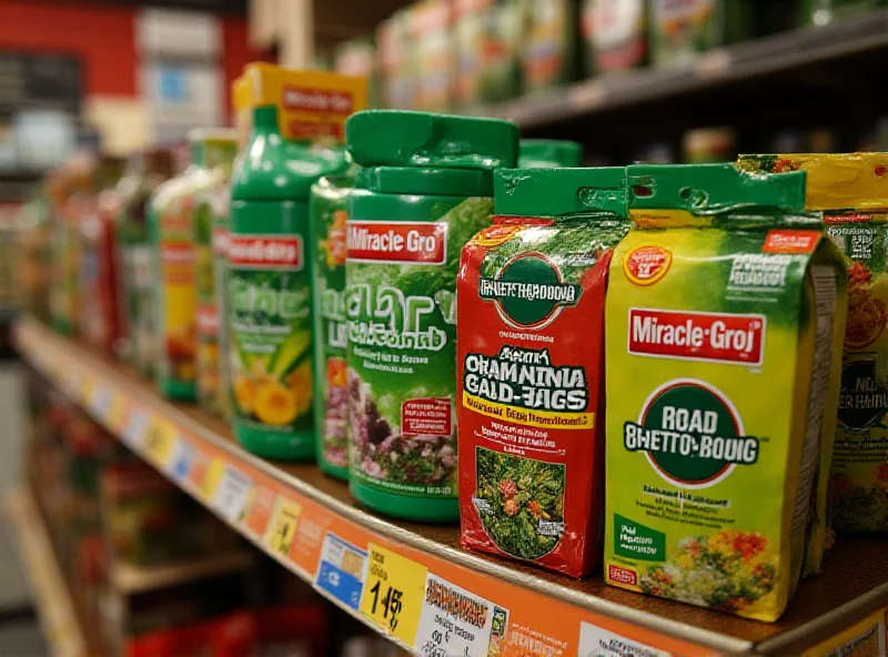 Scotts Miracle-Gro products displayed on a store shelf, including fertilizers and gardening supplies.