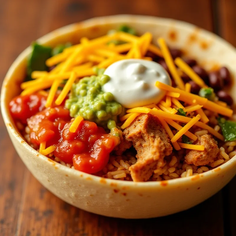A vibrant and appetizing close-up shot of a Chipotle burrito bowl with various toppings.