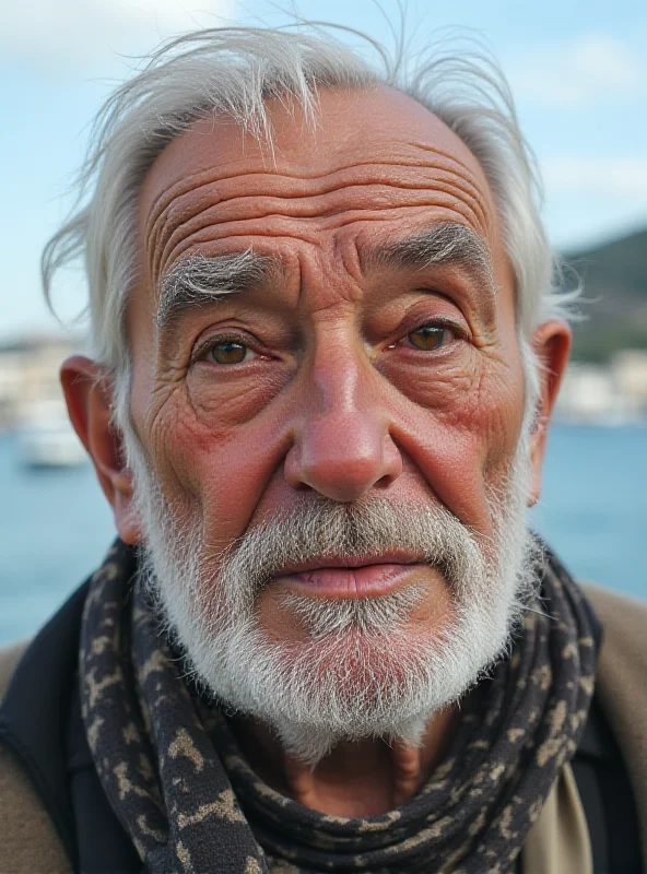Close-up portrait of an elderly Greek islander speaking to the camera, with a backdrop of the Aegean Sea.