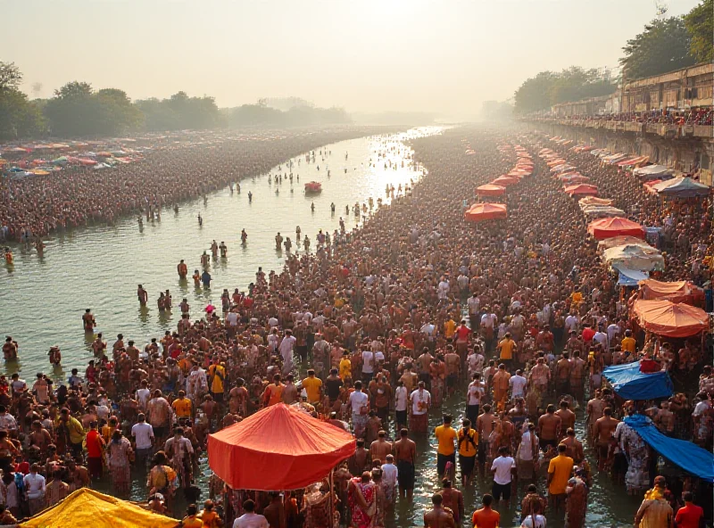 A wide shot of the Kumbh Mela pilgrimage in India, showing a river crowded with people bathing and praying, and colorful tents and structures lining the banks.