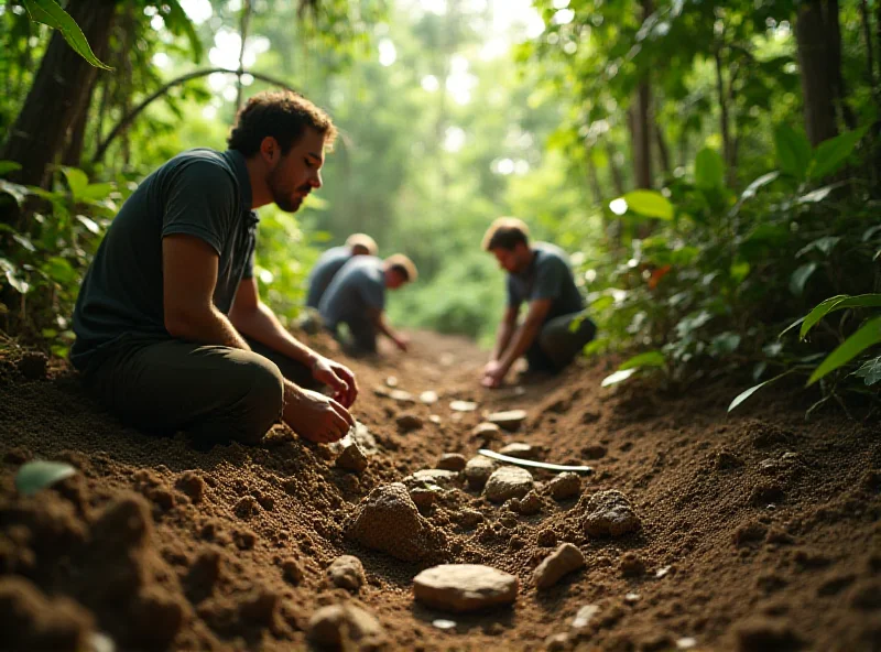 Archaeological dig site in a dense tropical jungle with researchers carefully excavating the soil, revealing ancient tools and artifacts. The scene is brightly lit with dappled sunlight filtering through the thick canopy.
