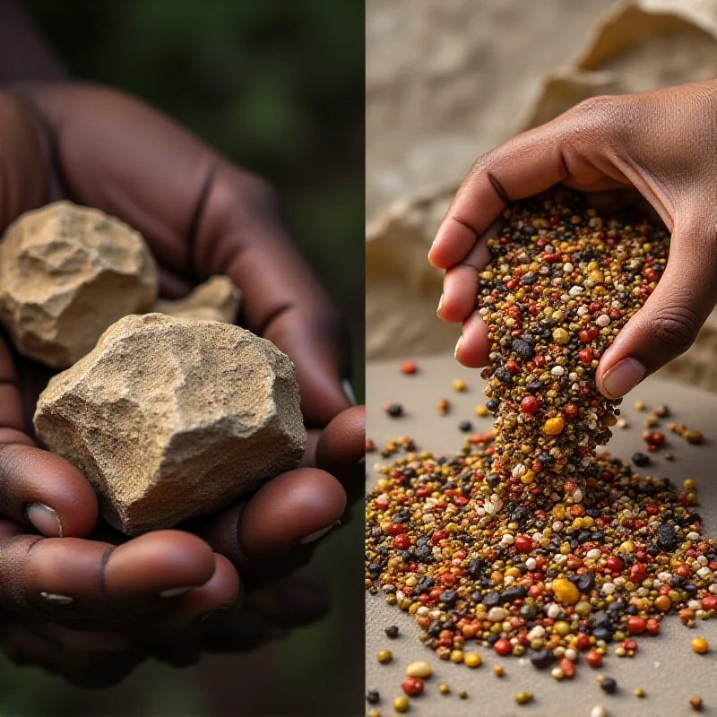 A split image. On the left, a close-up of a researcher's hands carefully handling ancient stone tools found in the Ivory Coast jungle. On the right, a close-up of diverse African seeds being poured into a labeled packet, ready for storage in the Svalbard vault.