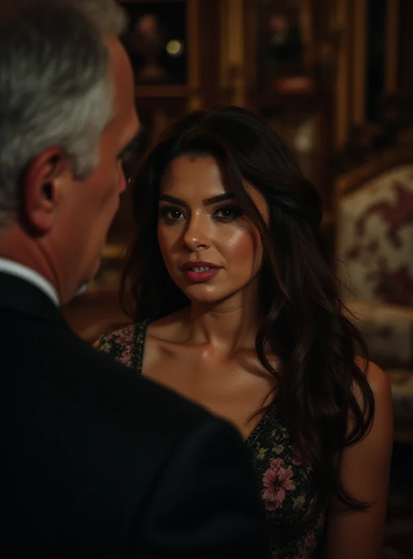 A dramatic scene from a soap opera, featuring two characters in a tense confrontation.