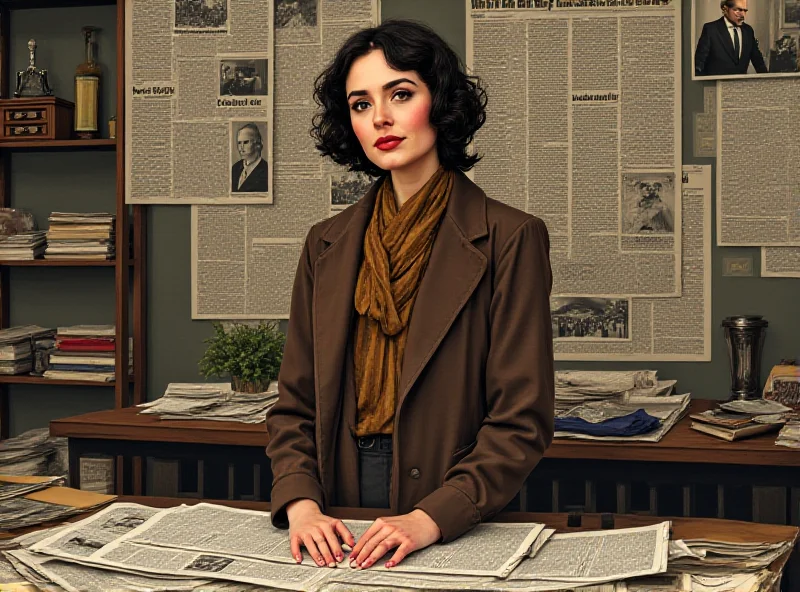 Illustration of Anna Maria Mori in a newsroom setting, surrounded by newspapers and colleagues, emphasizing her role as a journalist and founder. The image should convey a sense of historical significance and the importance of her contributions to the newspaper.