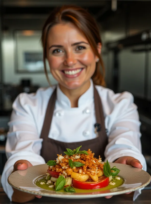 Anna, the winner of MasterChef Italy, is smiling confidently in a professional kitchen. She's wearing a chef's uniform and holding a beautifully plated dish, showcasing her culinary talent and success. The background is blurred to focus on Anna and her achievement.