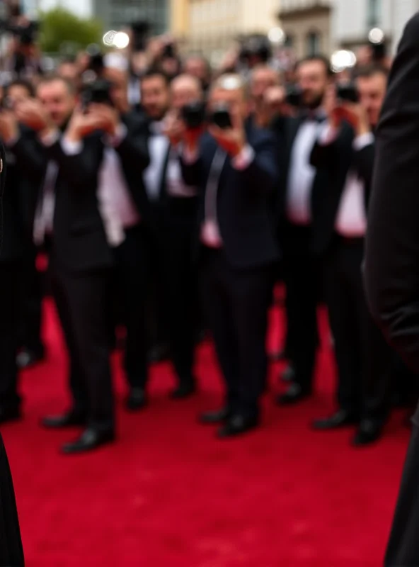 A group of paparazzi photographers taking pictures on a red carpet. The background is blurred, suggesting a crowded and bustling event.