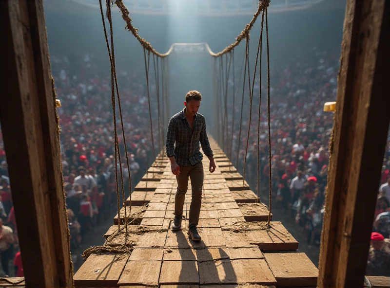 A contestant on '¡Salta!' cautiously stepping across a bridge with visible trapdoors.